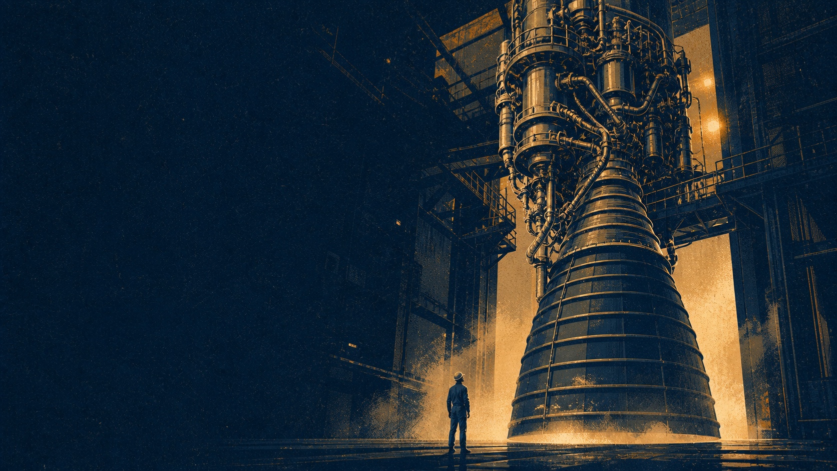 An engineer before a monumental rocket engine as technical traces resolve across the system